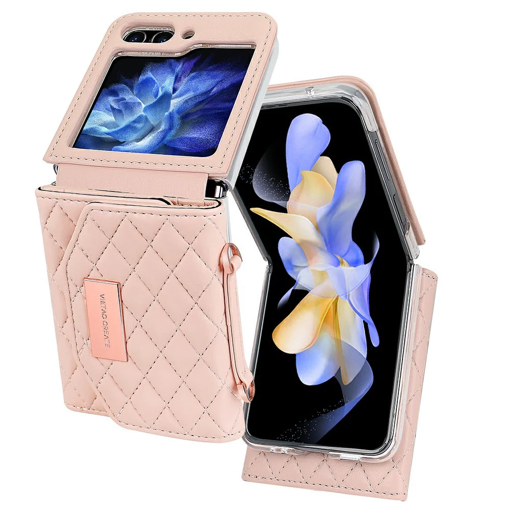 For Samsung Galaxy Z Flip7 FE 5G / Z Flip6 5G Case with Shoulder Strap PU+PC Wallet Phone Cover Built-In Back Screen Film - Pink - Image 2