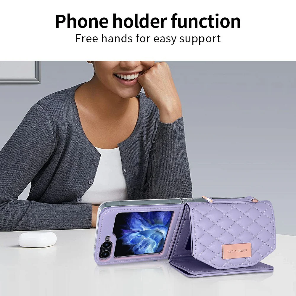 For Samsung Galaxy Z Flip7 FE 5G / Z Flip6 5G Case with Shoulder Strap PU+PC Wallet Phone Cover Built-In Back Screen Film - Purple - Image 6