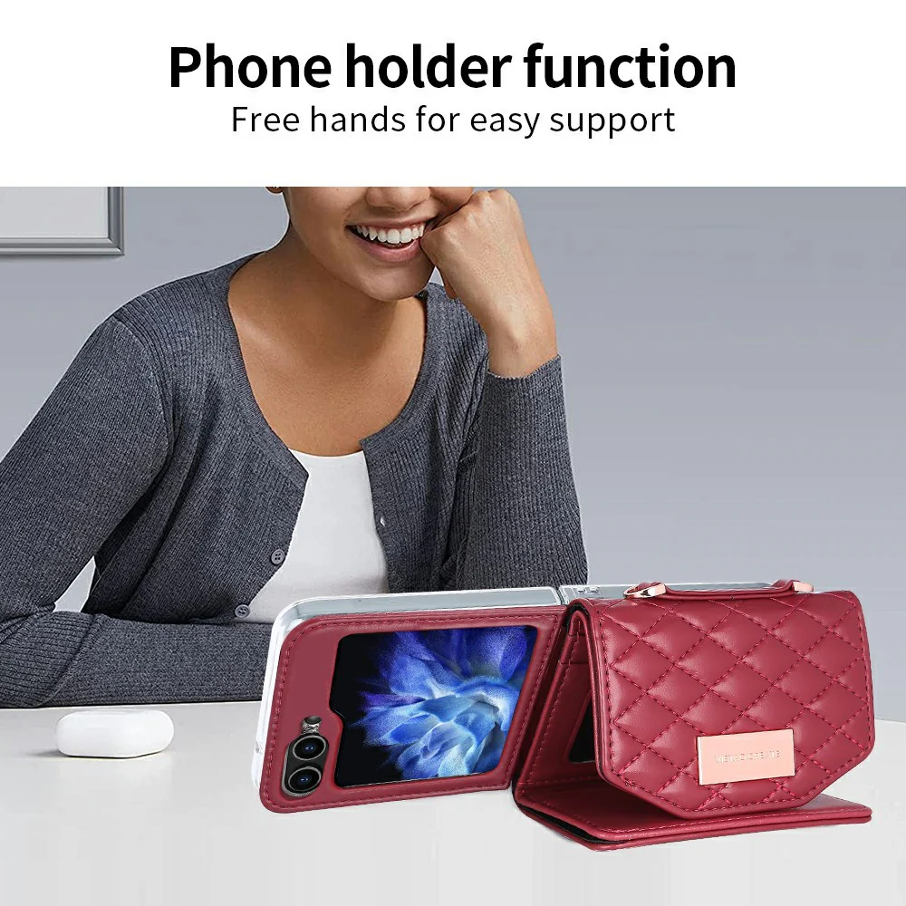 For Samsung Galaxy Z Flip7 FE 5G / Z Flip6 5G Case with Shoulder Strap PU+PC Wallet Phone Cover Built-In Back Screen Film - Red - Image 6