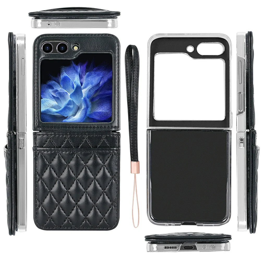 For Samsung Galaxy Z Flip7 FE 5G / Z Flip6 5G Case with Strap Card Slot PU+PC Phone Back Cover - Black - Image 2