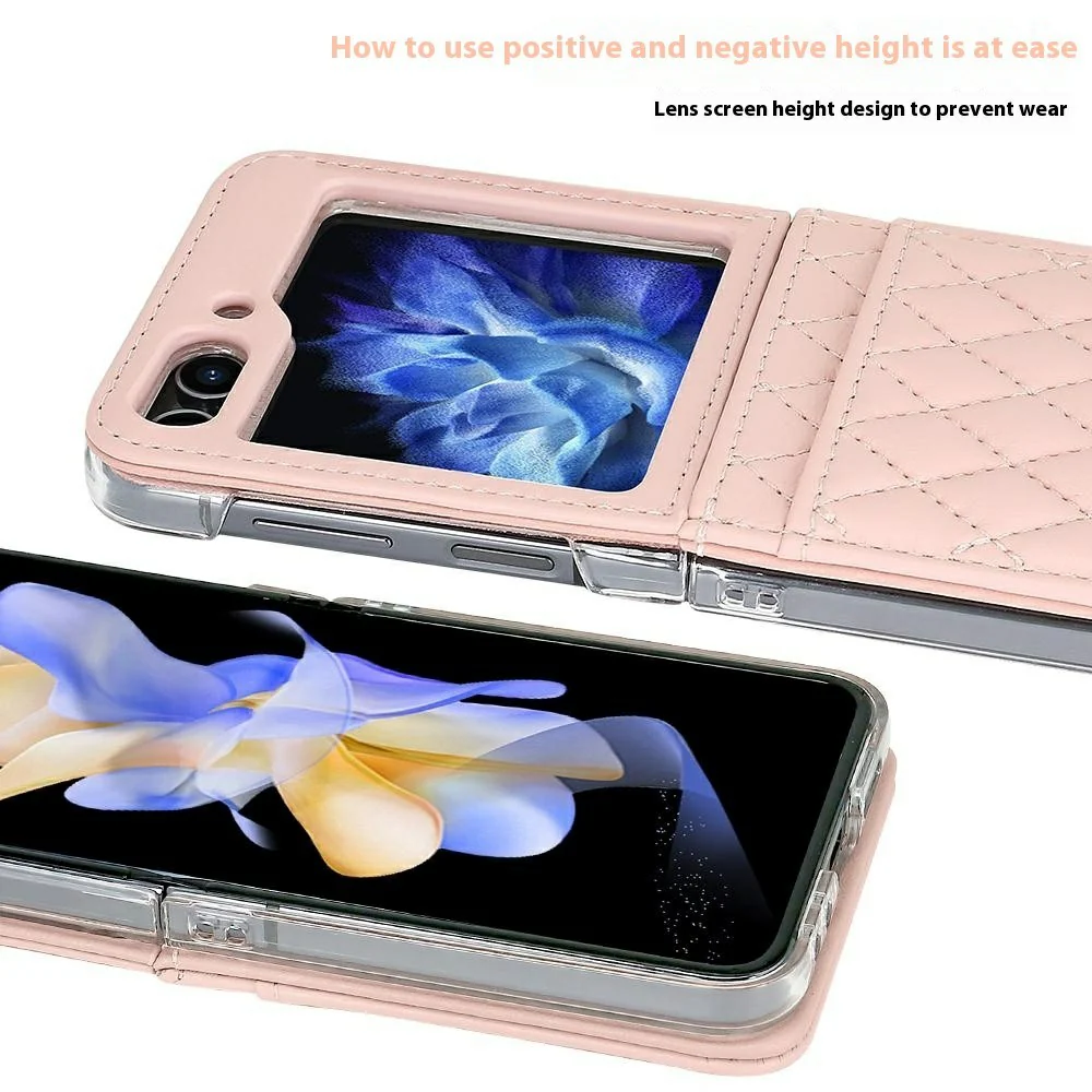 For Samsung Galaxy Z Flip7 FE 5G / Z Flip6 5G Case with Strap Card Slot PU+PC Phone Back Cover - Pink - Image 4