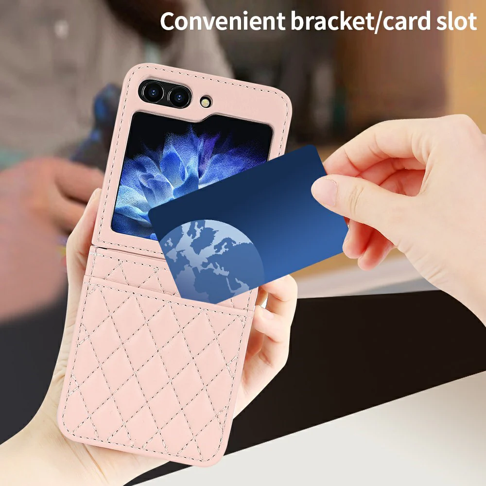 For Samsung Galaxy Z Flip7 FE 5G / Z Flip6 5G Case with Strap Card Slot PU+PC Phone Back Cover - Pink - Image 5