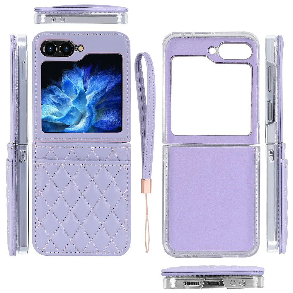 For Samsung Galaxy Z Flip7 FE 5G / Z Flip6 5G Case with Strap Card Slot PU+PC Phone Back Cover - Purple - Image 3