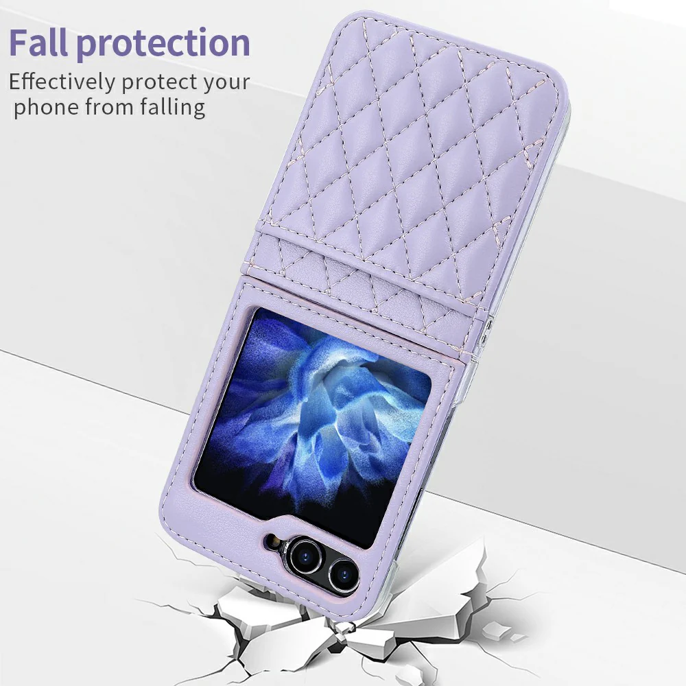 For Samsung Galaxy Z Flip7 FE 5G / Z Flip6 5G Case with Strap Card Slot PU+PC Phone Back Cover - Purple - Image 7