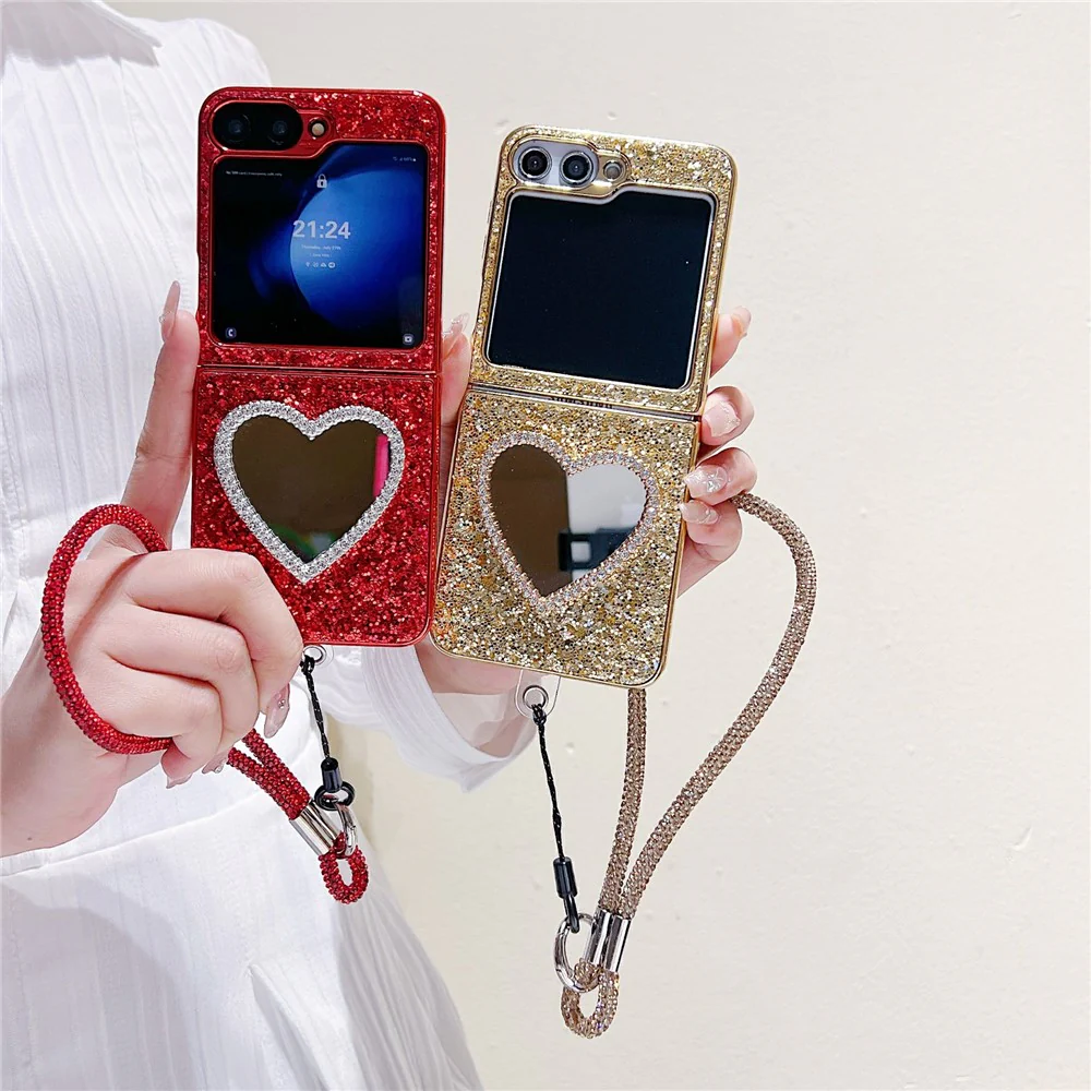 For Samsung Galaxy Z Flip7 FE 5G / Z Flip6 5G Case with Strap, Mirror TPU + PC Sparkling Glitter Phone Back Cover - Silver - Image 3