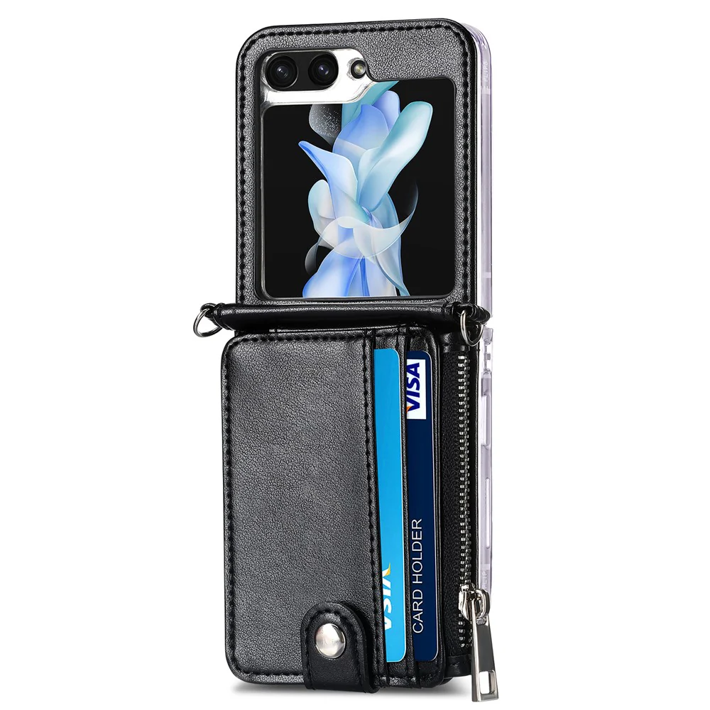 For Samsung Galaxy Z Flip7 FE 5G / Z Flip6 5G Case Zipper Card Holder Leather Phone Cover with Long Strap - Black - Image 2