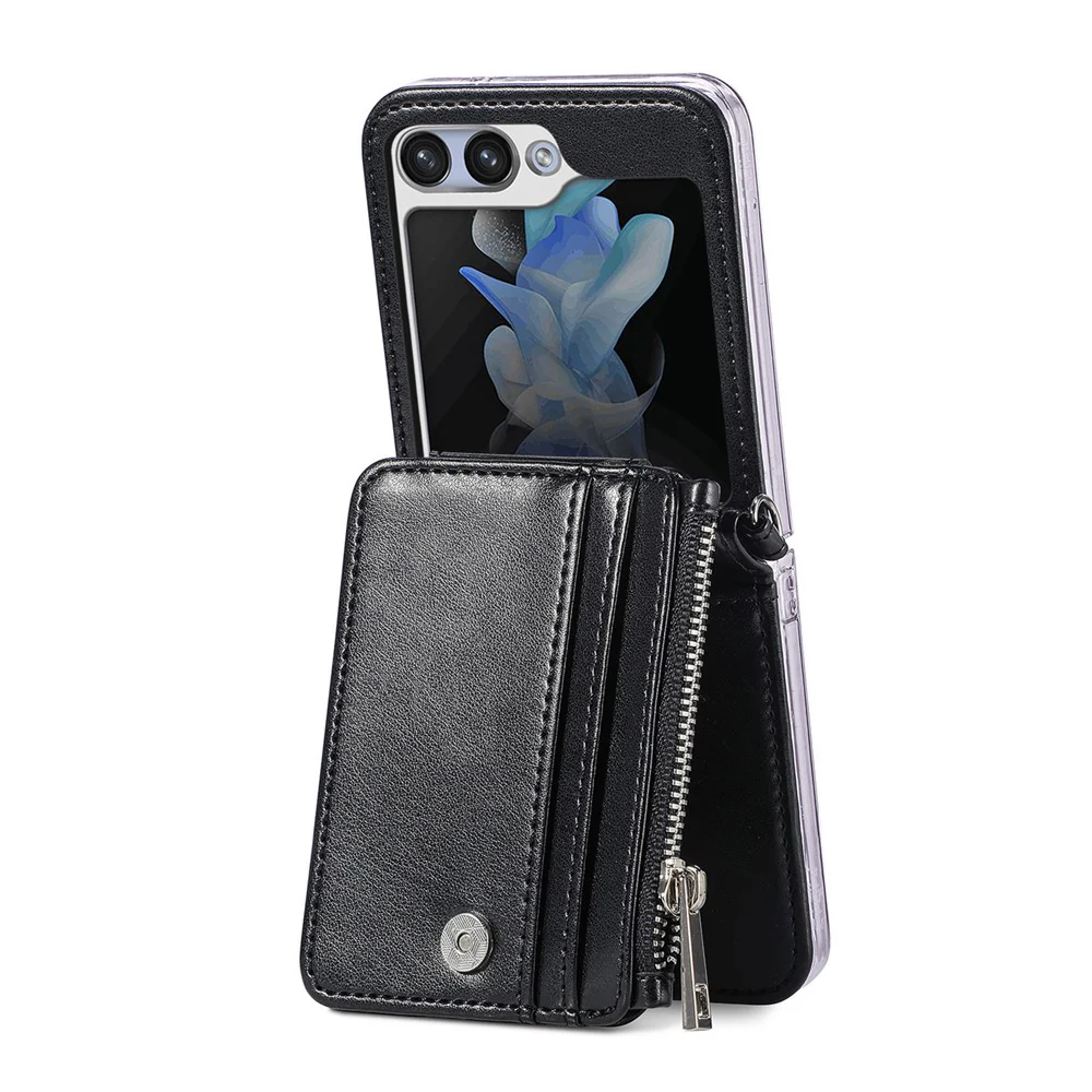 For Samsung Galaxy Z Flip7 FE 5G / Z Flip6 5G Case Zipper Card Holder Leather Phone Cover with Long Strap - Black - Image 3