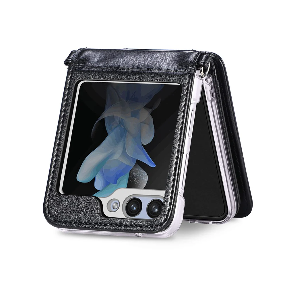 For Samsung Galaxy Z Flip7 FE 5G / Z Flip6 5G Case Zipper Card Holder Leather Phone Cover with Long Strap - Black - Image 4