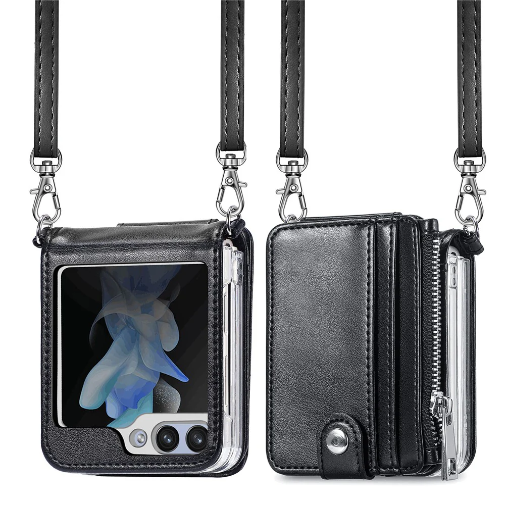 For Samsung Galaxy Z Flip7 FE 5G / Z Flip6 5G Case Zipper Card Holder Leather Phone Cover with Long Strap - Black - Image 8