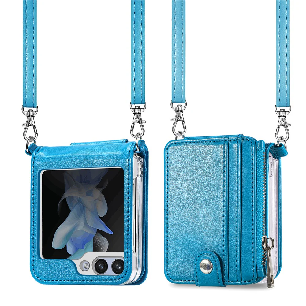 For Samsung Galaxy Z Flip7 FE 5G / Z Flip6 5G Case Zipper Card Holder Leather Phone Cover with Long Strap - Blue - Image 8