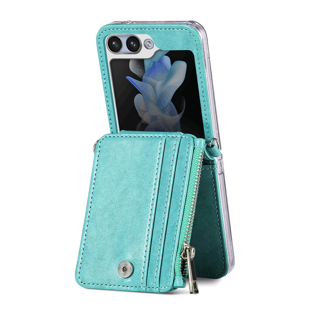 For Samsung Galaxy Z Flip7 FE 5G / Z Flip6 5G Case Zipper Card Holder Leather Phone Cover with Long Strap - Green - Image 3