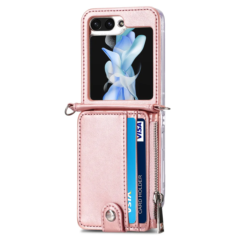 For Samsung Galaxy Z Flip7 FE 5G / Z Flip6 5G Case Zipper Card Holder Leather Phone Cover with Long Strap - Pink - Image 2
