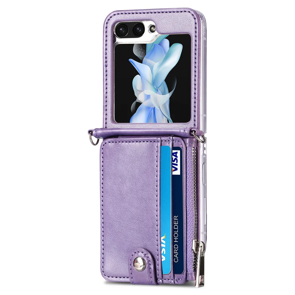 For Samsung Galaxy Z Flip7 FE 5G / Z Flip6 5G Case Zipper Card Holder Leather Phone Cover with Long Strap - Purple - Image 2