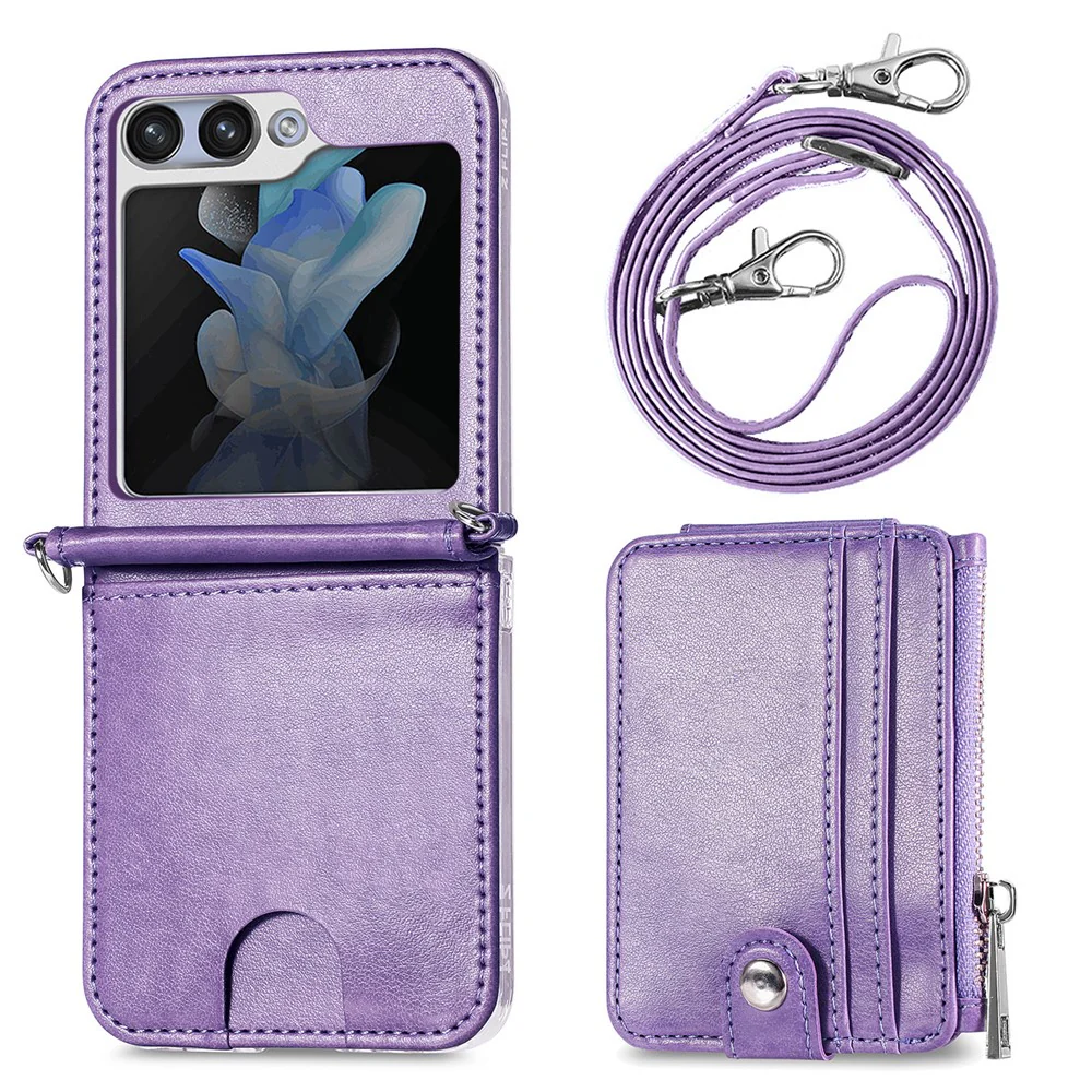 For Samsung Galaxy Z Flip7 FE 5G / Z Flip6 5G Case Zipper Card Holder Leather Phone Cover with Long Strap - Purple - Image 6