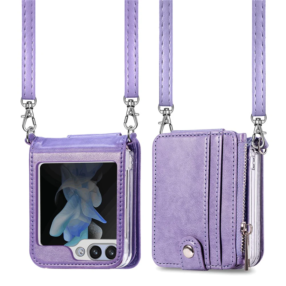 For Samsung Galaxy Z Flip7 FE 5G / Z Flip6 5G Case Zipper Card Holder Leather Phone Cover with Long Strap - Purple - Image 8