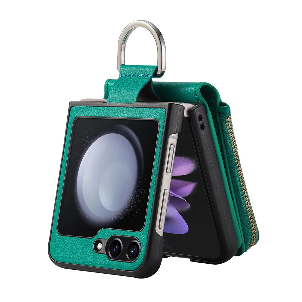 For Samsung Galaxy Z Flip7 FE 5G / Z Flip6 5G Case Zipper Pocket Leather+PC Phone Cover with Ring Holder - Green - Image 2