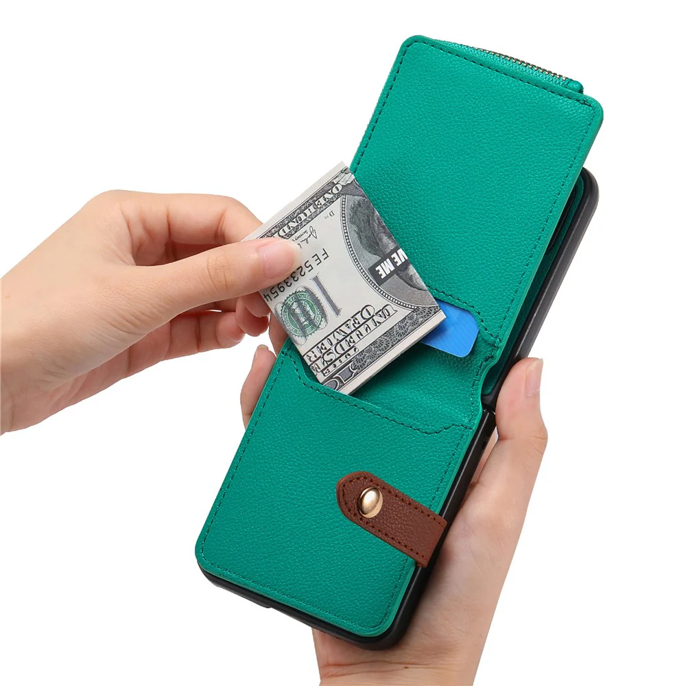 For Samsung Galaxy Z Flip7 FE 5G / Z Flip6 5G Case Zipper Pocket Leather+PC Phone Cover with Ring Holder - Green - Image 3