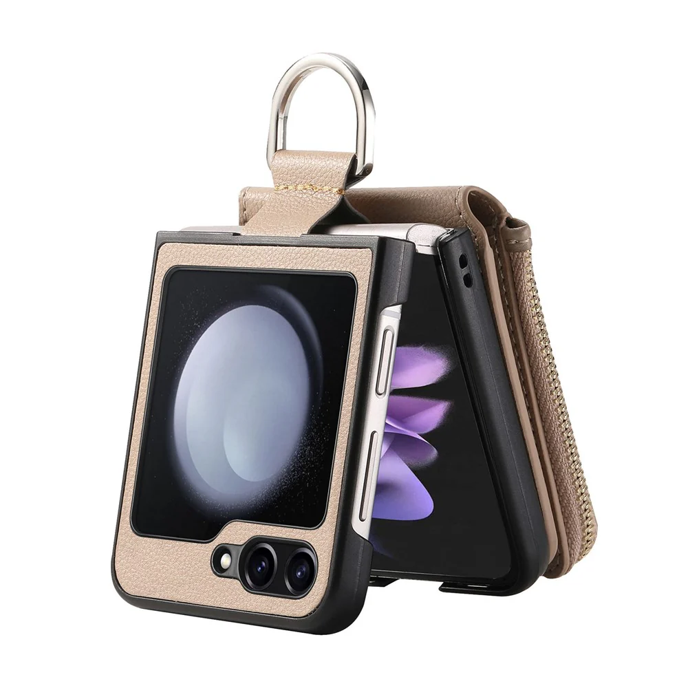 For Samsung Galaxy Z Flip7 FE 5G / Z Flip6 5G Case Zipper Pocket Leather+PC Phone Cover with Ring Holder - Khaki - Image 2