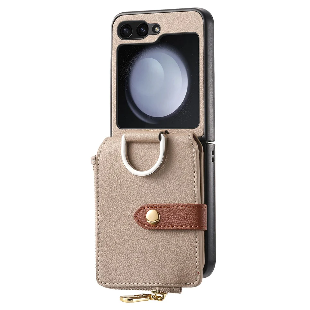 For Samsung Galaxy Z Flip7 FE 5G / Z Flip6 5G Case Zipper Pocket Leather+PC Phone Cover with Ring Holder - Khaki - Image 4