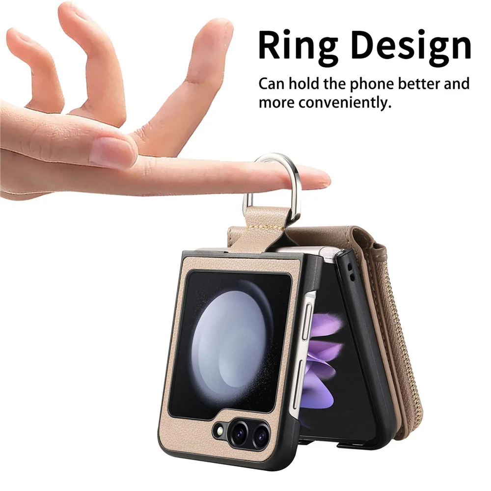 For Samsung Galaxy Z Flip7 FE 5G / Z Flip6 5G Case Zipper Pocket Leather+PC Phone Cover with Ring Holder - Khaki - Image 5