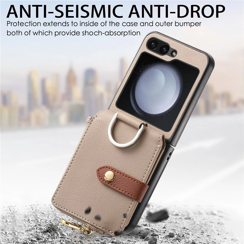For Samsung Galaxy Z Flip7 FE 5G / Z Flip6 5G Case Zipper Pocket Leather+PC Phone Cover with Ring Holder - Khaki - Image 6