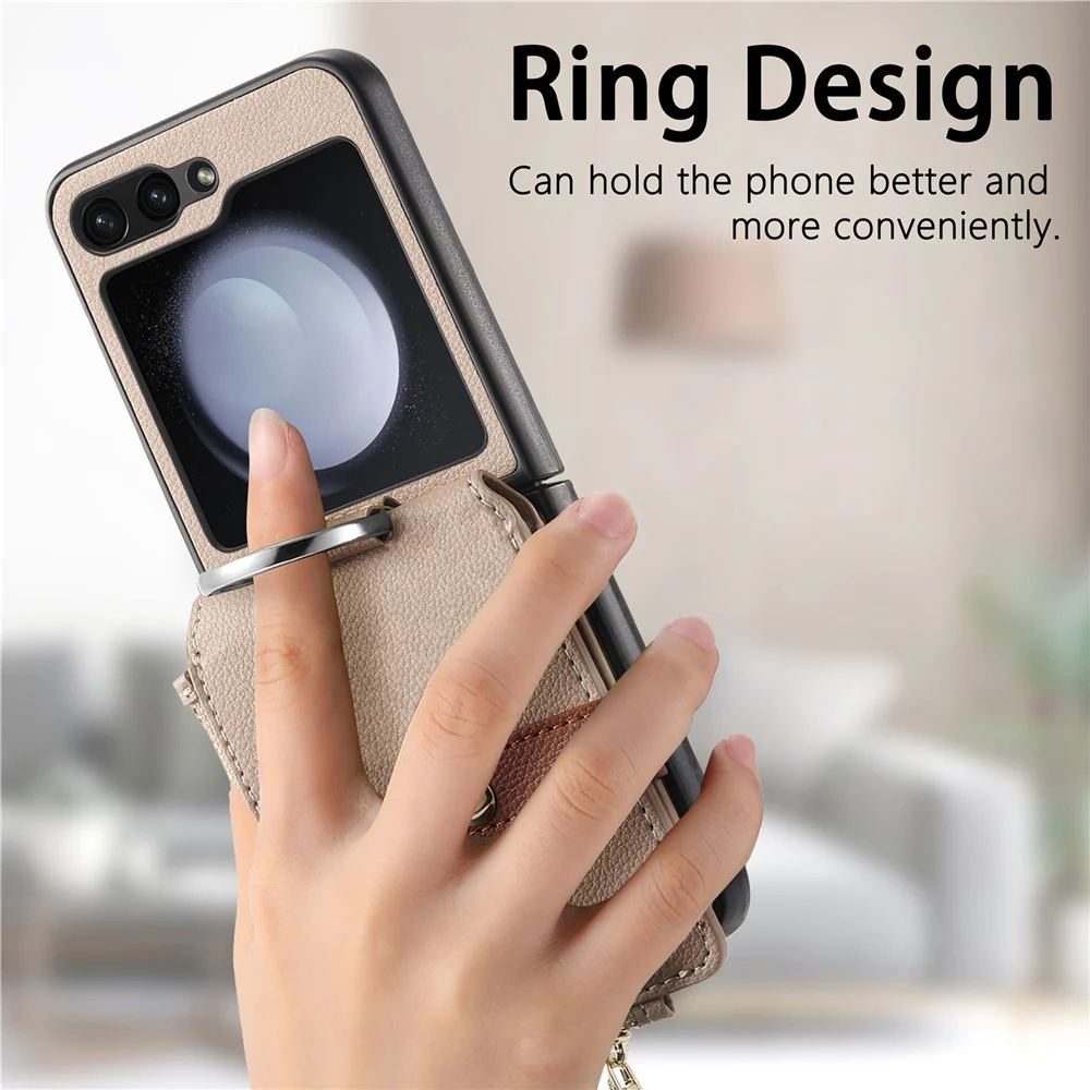 For Samsung Galaxy Z Flip7 FE 5G / Z Flip6 5G Case Zipper Pocket Leather+PC Phone Cover with Ring Holder - Khaki - Image 8