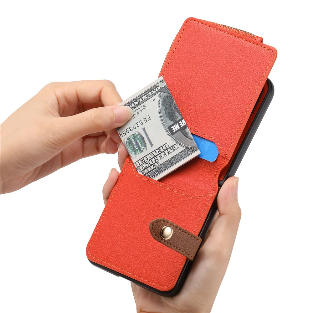 For Samsung Galaxy Z Flip7 FE 5G / Z Flip6 5G Case Zipper Pocket Leather+PC Phone Cover with Ring Holder - Orange - Image 3