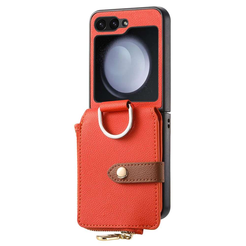 For Samsung Galaxy Z Flip7 FE 5G / Z Flip6 5G Case Zipper Pocket Leather+PC Phone Cover with Ring Holder - Orange - Image 4