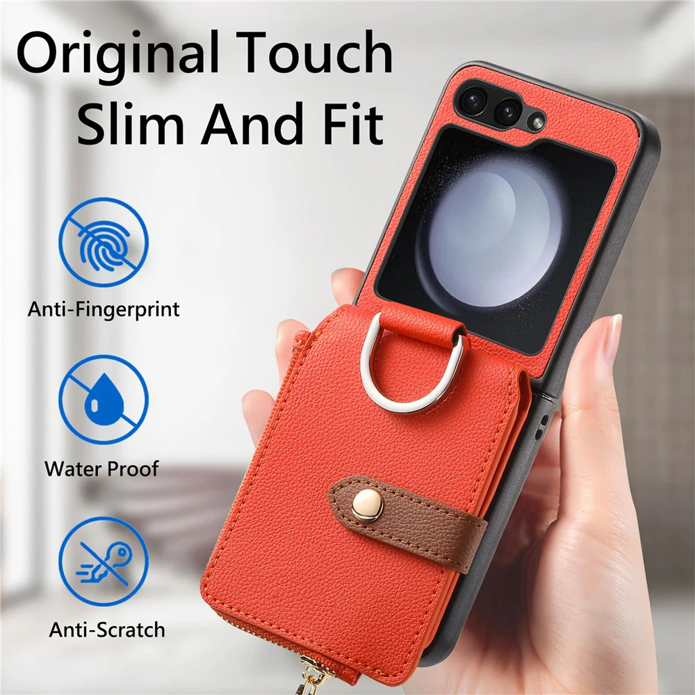 For Samsung Galaxy Z Flip7 FE 5G / Z Flip6 5G Case Zipper Pocket Leather+PC Phone Cover with Ring Holder - Orange - Image 7