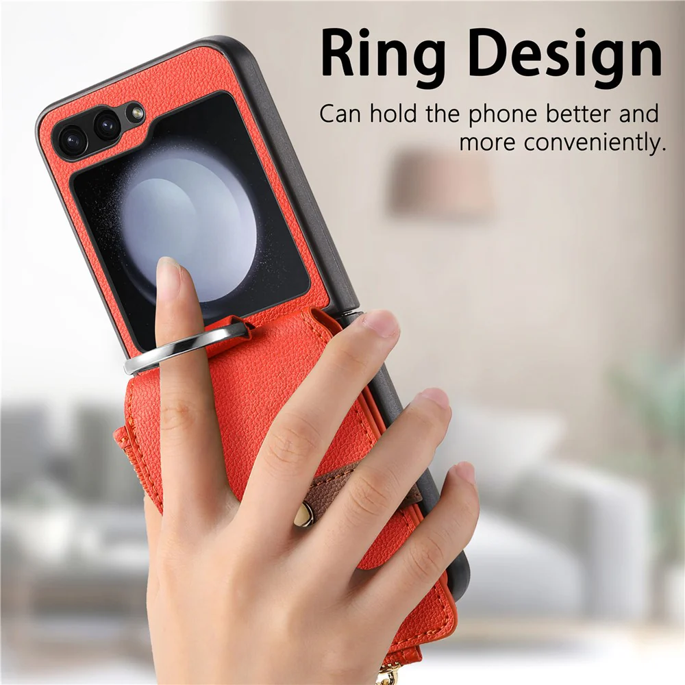 For Samsung Galaxy Z Flip7 FE 5G / Z Flip6 5G Case Zipper Pocket Leather+PC Phone Cover with Ring Holder - Orange - Image 8