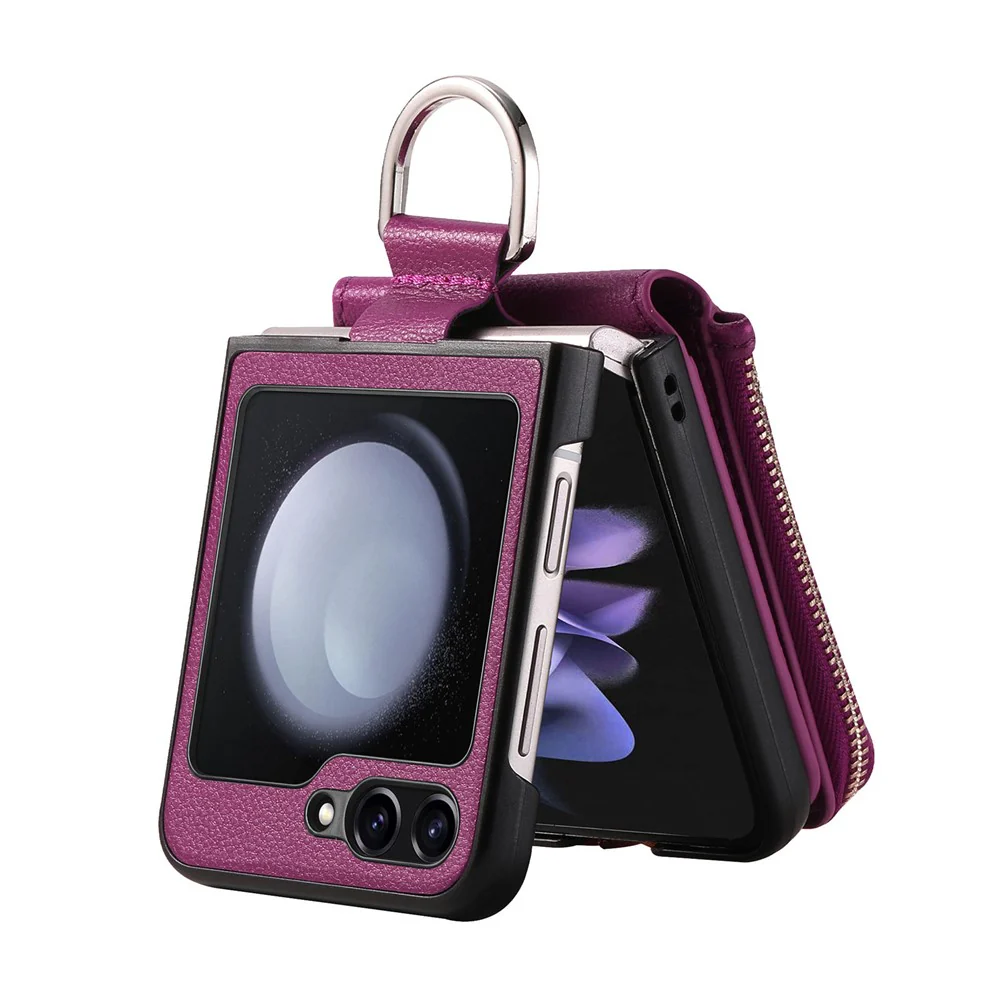 For Samsung Galaxy Z Flip7 FE 5G / Z Flip6 5G Case Zipper Pocket Leather+PC Phone Cover with Ring Holder - Purple - Image 2