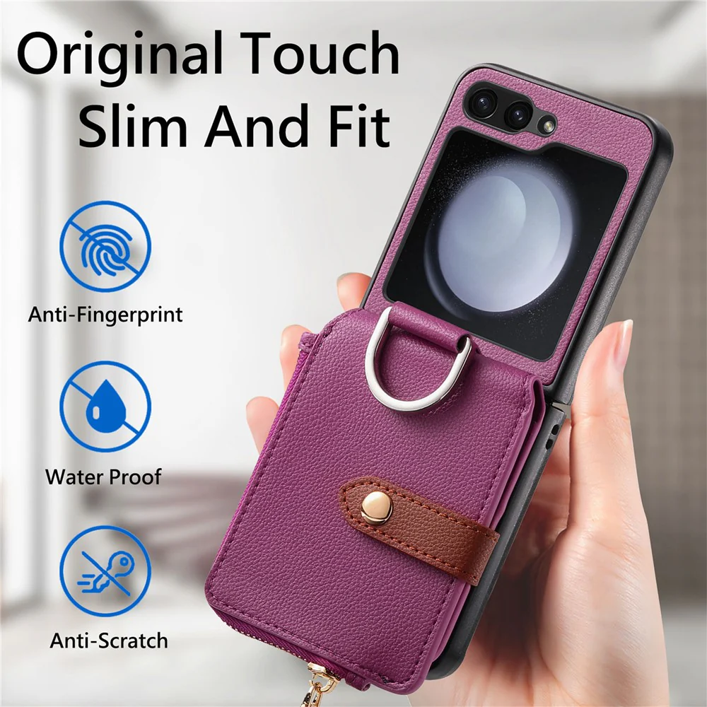For Samsung Galaxy Z Flip7 FE 5G / Z Flip6 5G Case Zipper Pocket Leather+PC Phone Cover with Ring Holder - Purple - Image 7