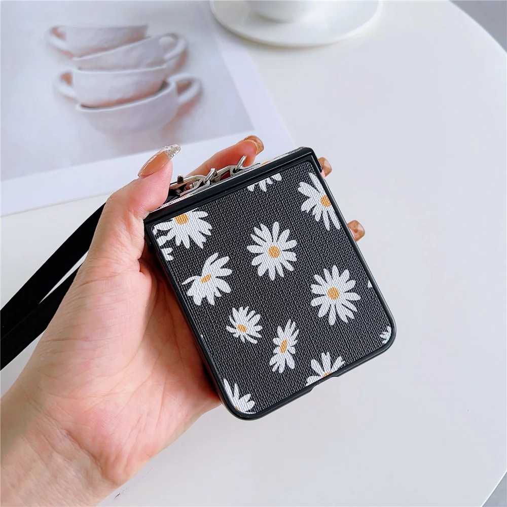 For Samsung Galaxy Z Flip7 FE 5G / Z Flip6 5G Chrysanthemum Pattern PU Leather + PC Phone Cover with Crossbody Strap - Blue - Image 4