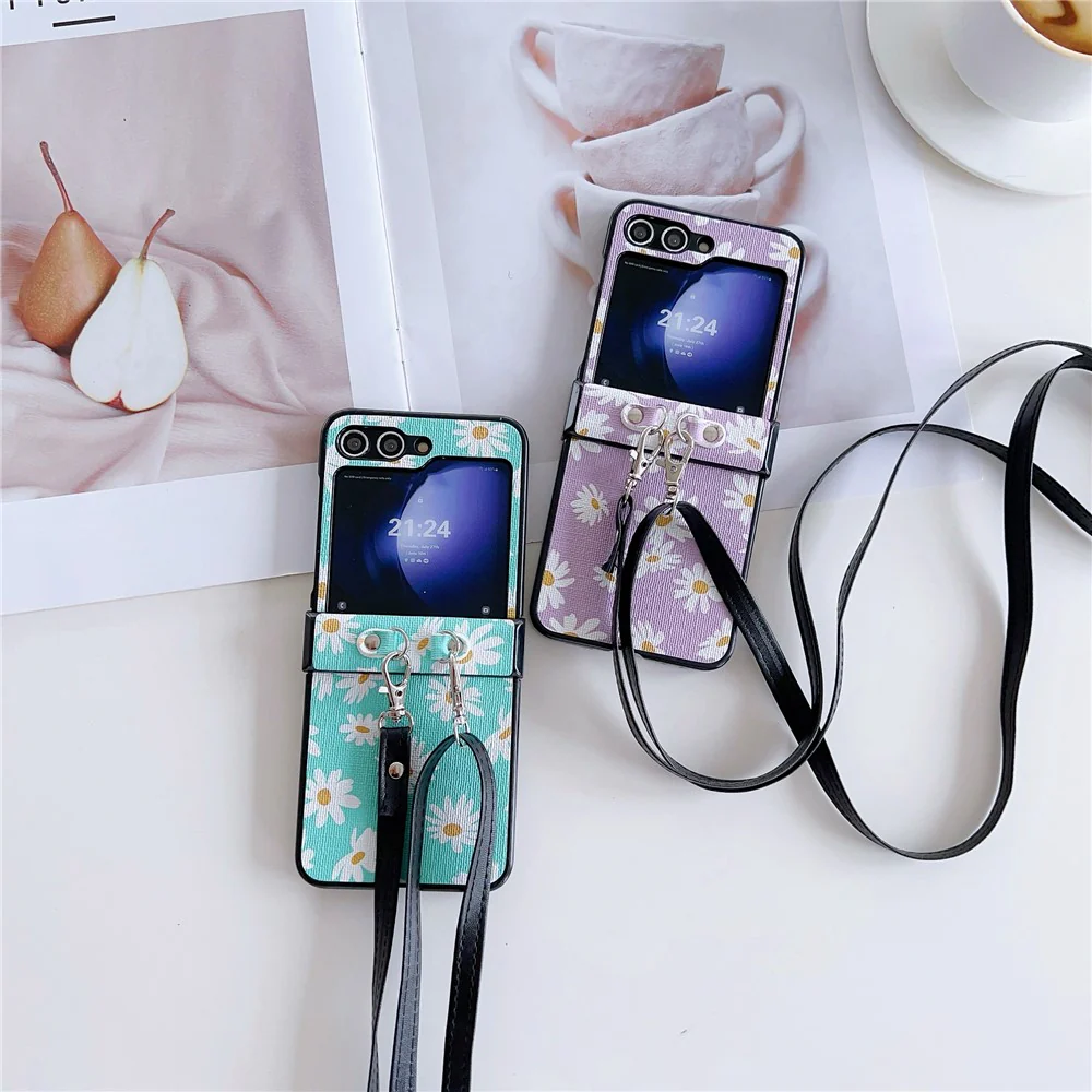For Samsung Galaxy Z Flip7 FE 5G / Z Flip6 5G Chrysanthemum Pattern PU Leather + PC Phone Cover with Crossbody Strap - Blue - Image 7