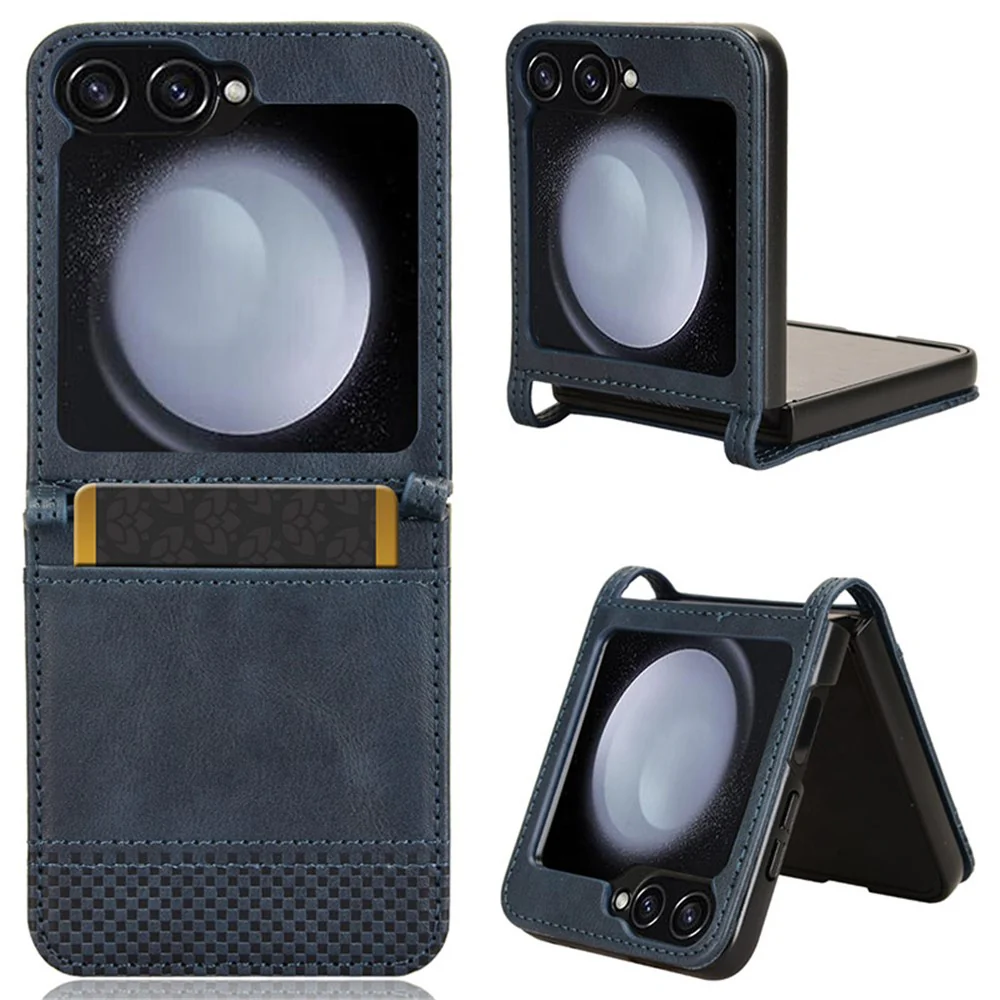 For Samsung Galaxy Z Flip7 FE 5G / Z Flip6 5G Cover Retro Texture One-Piece Design PU Leather+PC Phone Case Shell with Card Slot - Blue
