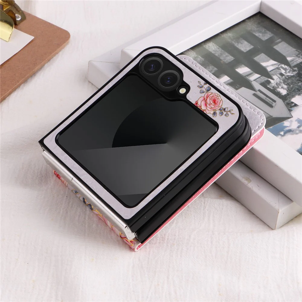 For Samsung Galaxy Z Flip7 FE 5G / Z Flip6 5G / Flip5 5G Case Flower Pattern PU+TPU Phone Cover Card Slots - Rose - Image 7