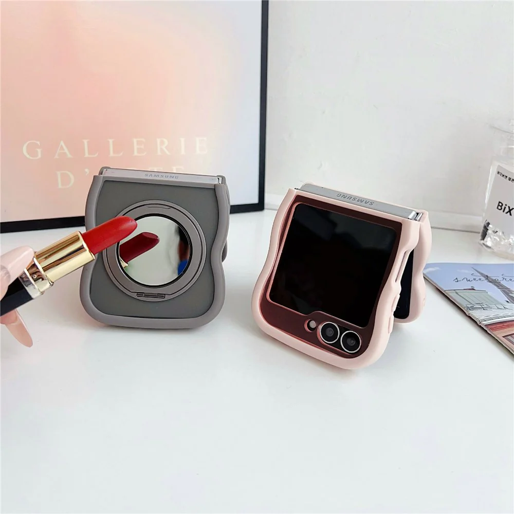 For Samsung Galaxy Z Flip7 FE 5G / Z Flip6 5G / Flip5 5G Magnetic Case Mirror Rotating Kickstand Wave Edge TPU + PC Phone Cover - Black - Image 6