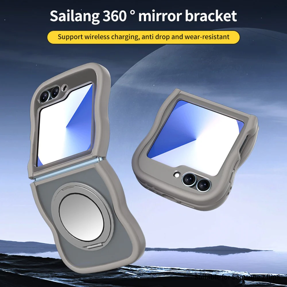 For Samsung Galaxy Z Flip7 FE 5G / Z Flip6 5G / Flip5 5G Magnetic Case Mirror Rotating Kickstand Wave Edge TPU + PC Phone Cover - Grey - Image 2