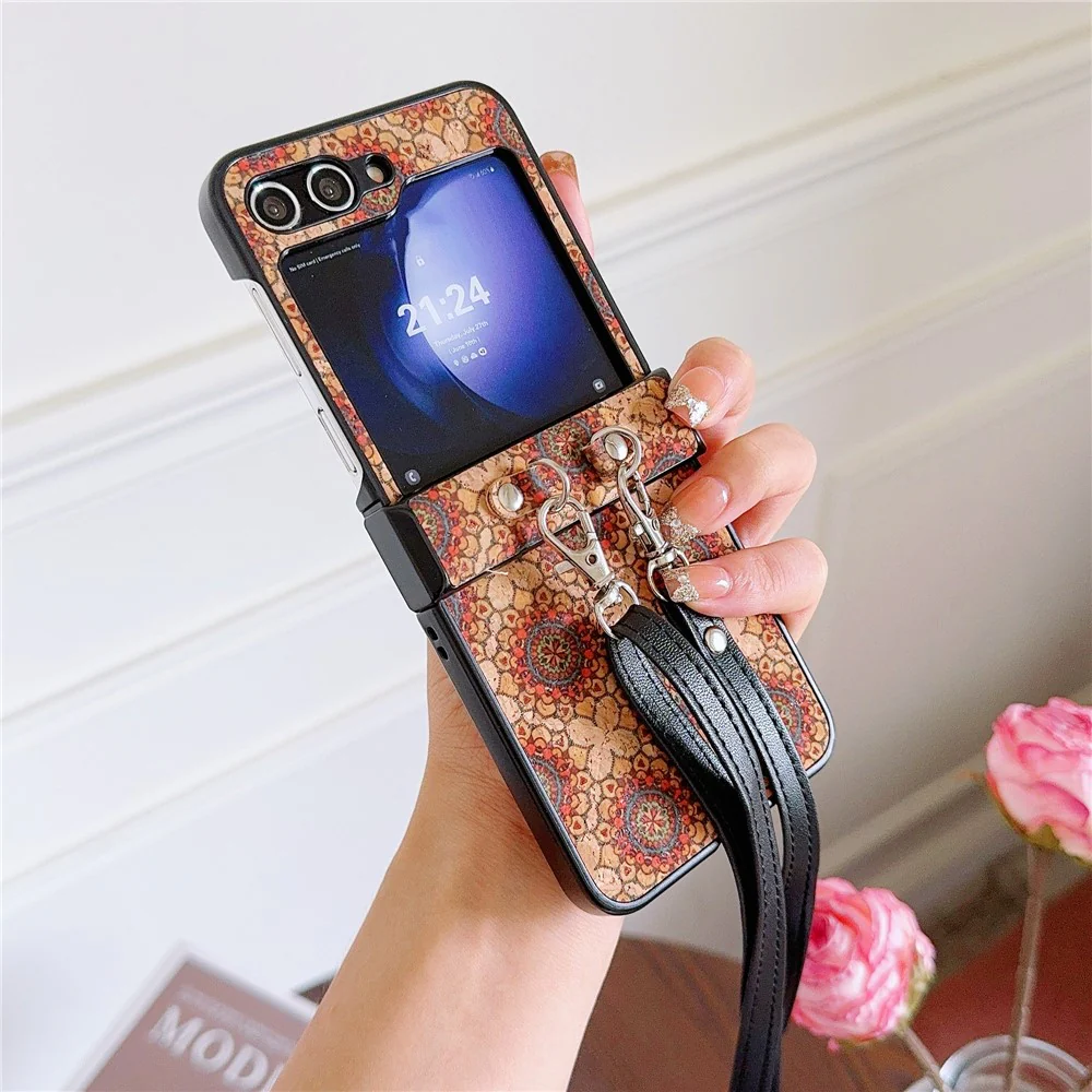 For Samsung Galaxy Z Flip7 FE 5G / Z Flip6 5G Floral Pattern PU Leather Coated PC Phone Cover with Crossbody Strap - Ethnic Floral - Image 2