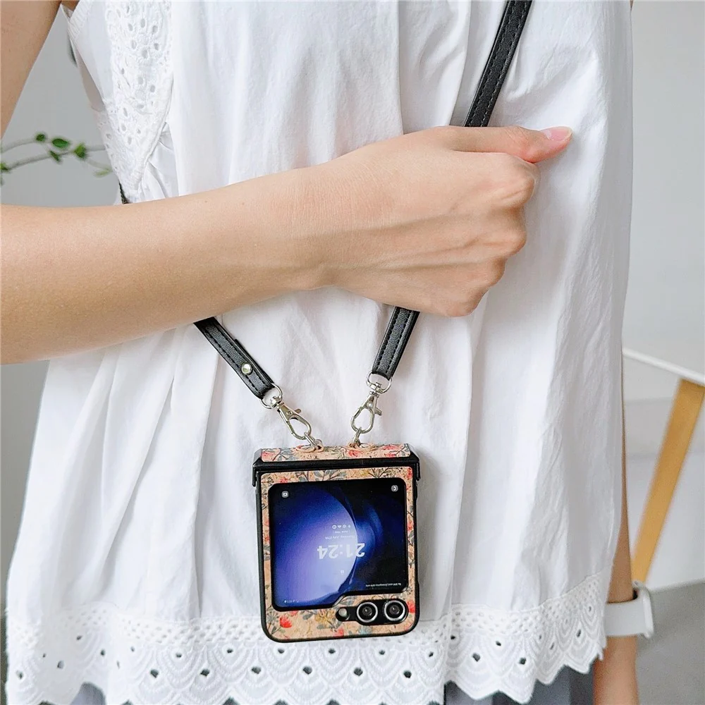 For Samsung Galaxy Z Flip7 FE 5G / Z Flip6 5G Floral Pattern PU Leather Coated PC Phone Cover with Crossbody Strap - Small Flower - Image 3