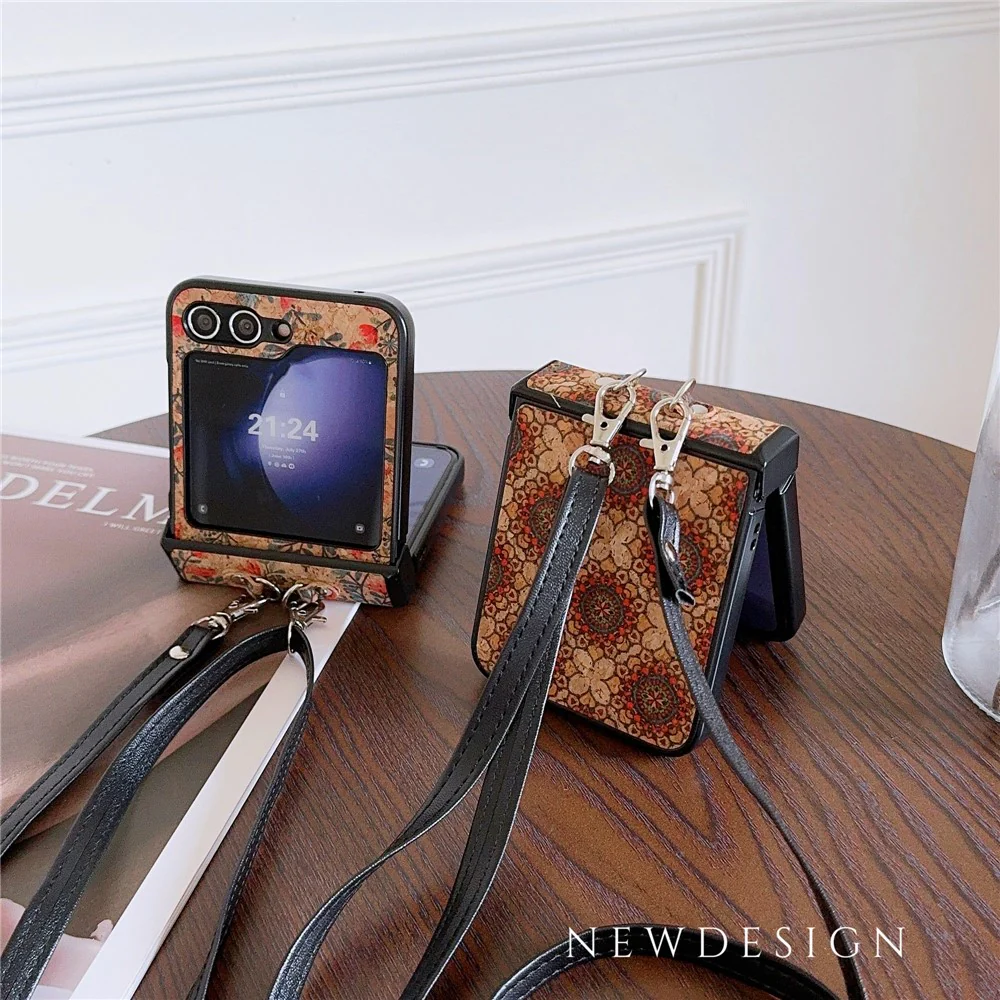 For Samsung Galaxy Z Flip7 FE 5G / Z Flip6 5G Floral Pattern PU Leather Coated PC Phone Cover with Crossbody Strap - Small Flower - Image 8