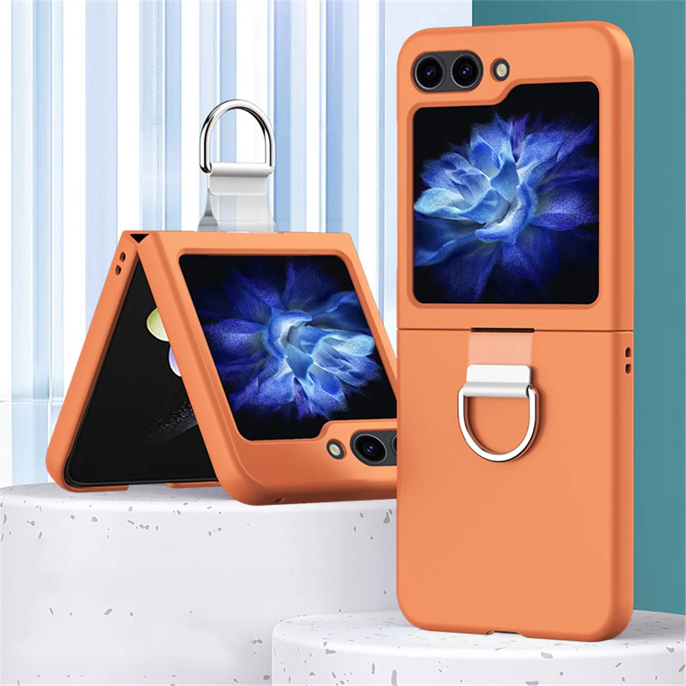 For Samsung Galaxy Z Flip7 FE 5G / Z Flip6 5G Hard PC Case Metal Ring Holder Anti-Slip Skin-Touch Phone Cover - Orange - Image 2
