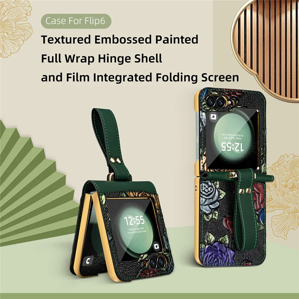 For Samsung Galaxy Z Flip7 FE 5G / Z Flip6 5G Kickstand Case Flower Pattern Leather+PC Phone Cover with Back Film - Green - Image 4