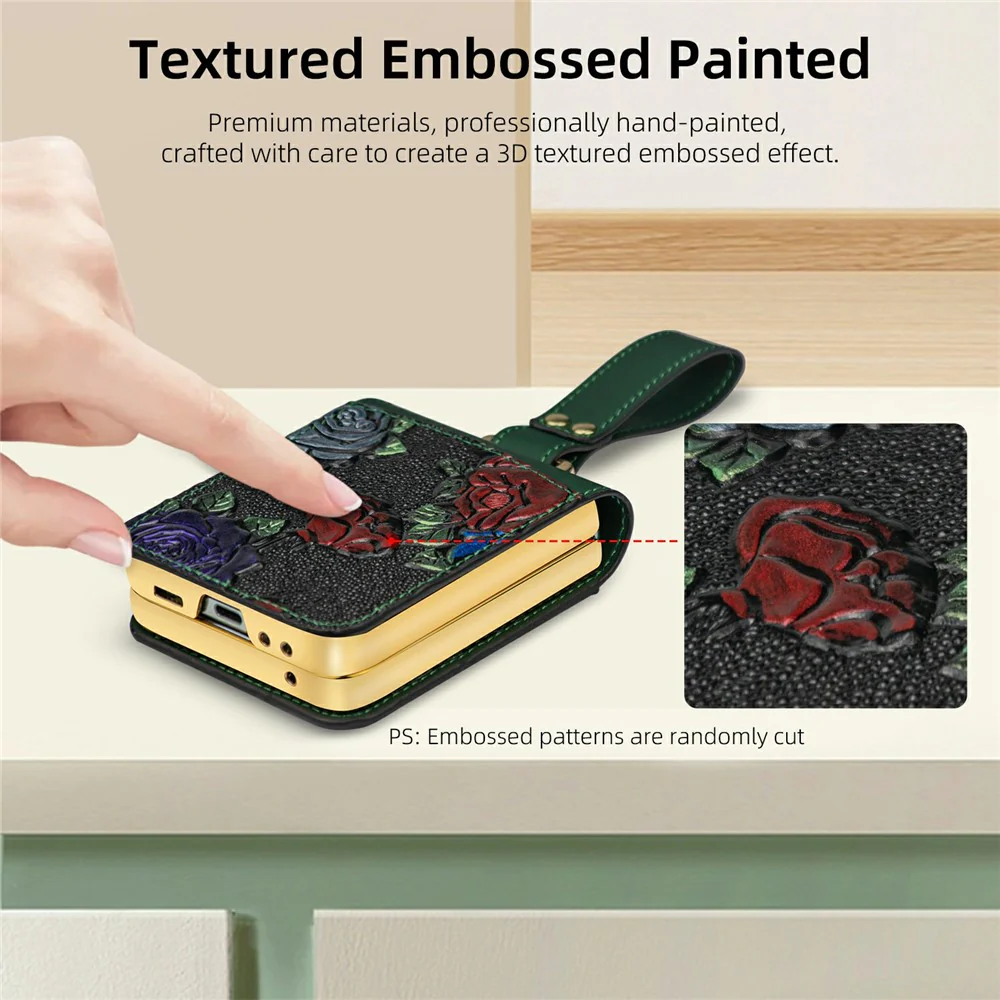 For Samsung Galaxy Z Flip7 FE 5G / Z Flip6 5G Kickstand Case Flower Pattern Leather+PC Phone Cover with Back Film - Green - Image 6