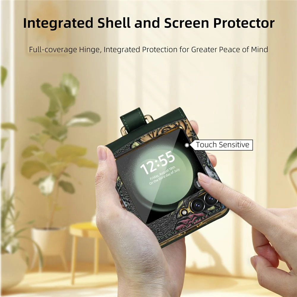 For Samsung Galaxy Z Flip7 FE 5G / Z Flip6 5G Kickstand Case Flower Pattern Leather+PC Phone Cover with Back Film - Green - Image 7