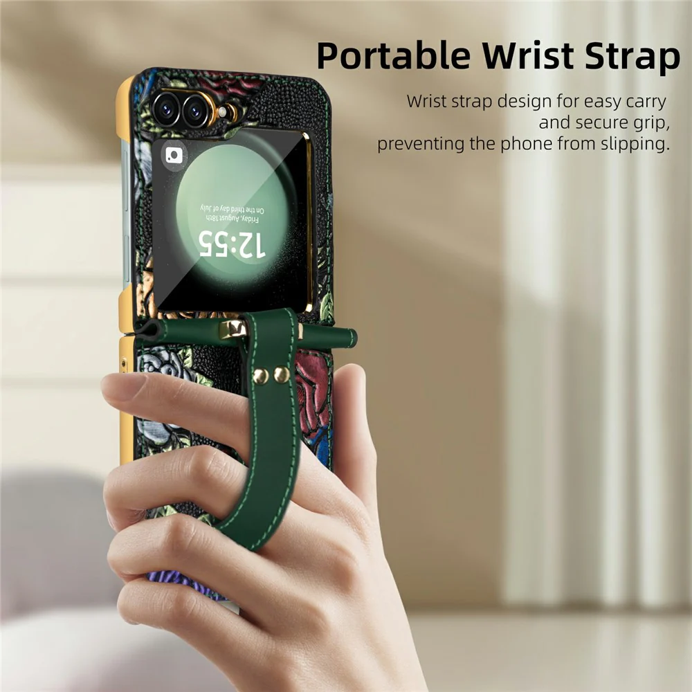For Samsung Galaxy Z Flip7 FE 5G / Z Flip6 5G Kickstand Case Flower Pattern Leather+PC Phone Cover with Back Film - Green - Image 8