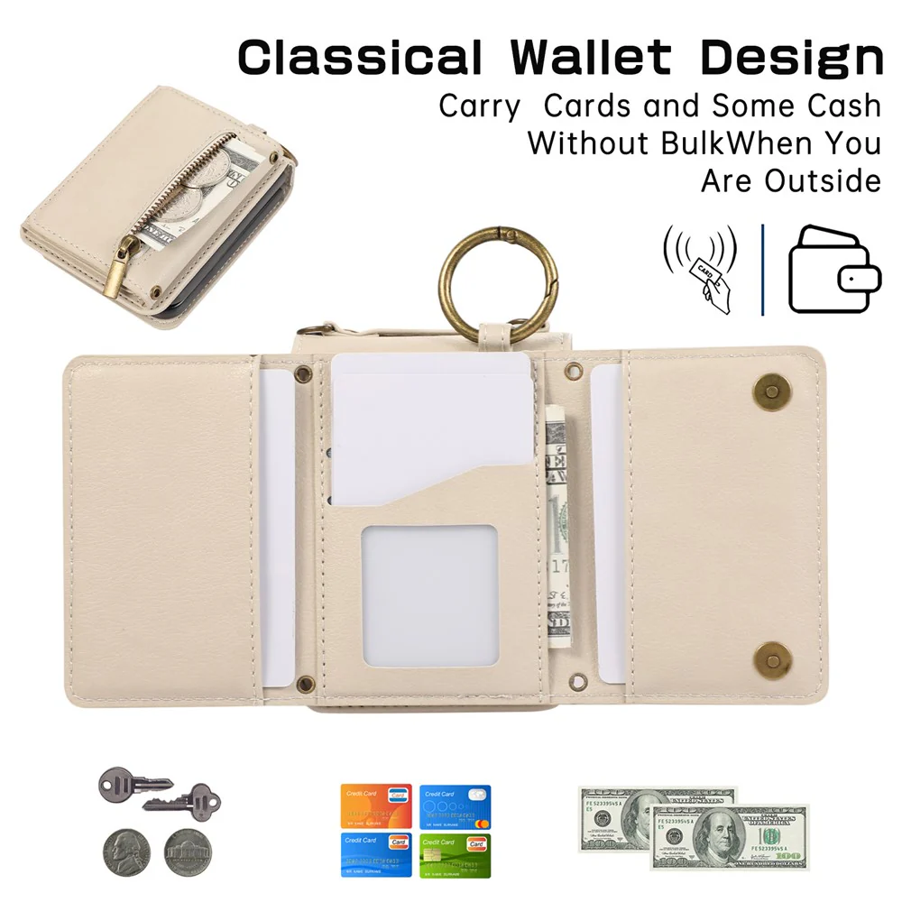 For Samsung Galaxy Z Flip7 FE 5G / Z Flip6 5G Leather Back Cover Zipper Wallet Kickstand Phone Case with Shoulder Strap - Beige - Image 7