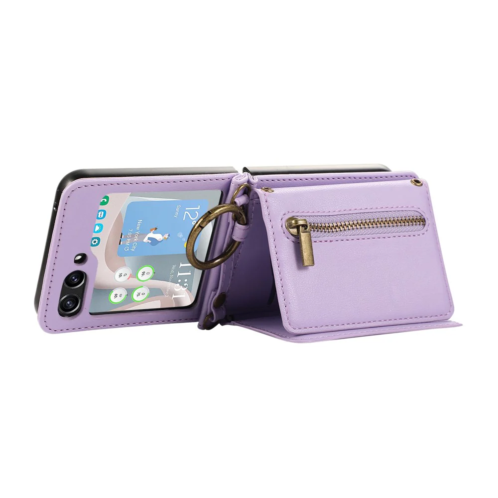 For Samsung Galaxy Z Flip7 FE 5G / Z Flip6 5G Leather Back Cover Zipper Wallet Kickstand Phone Case with Shoulder Strap - Purple - Image 3