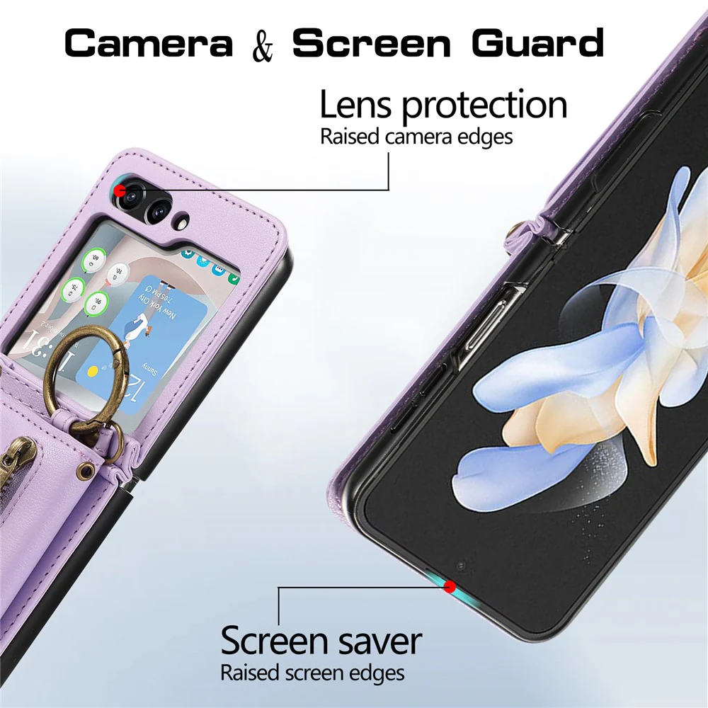 For Samsung Galaxy Z Flip7 FE 5G / Z Flip6 5G Leather Back Cover Zipper Wallet Kickstand Phone Case with Shoulder Strap - Purple - Image 4