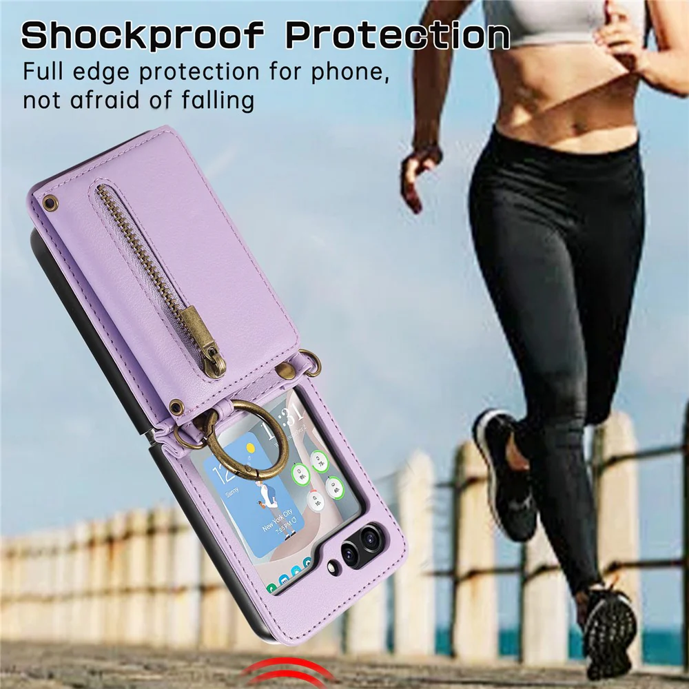 For Samsung Galaxy Z Flip7 FE 5G / Z Flip6 5G Leather Back Cover Zipper Wallet Kickstand Phone Case with Shoulder Strap - Purple - Image 5